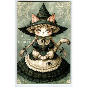 Vintage Halloween Cat Witch Postcard with Spider & Lace Dress